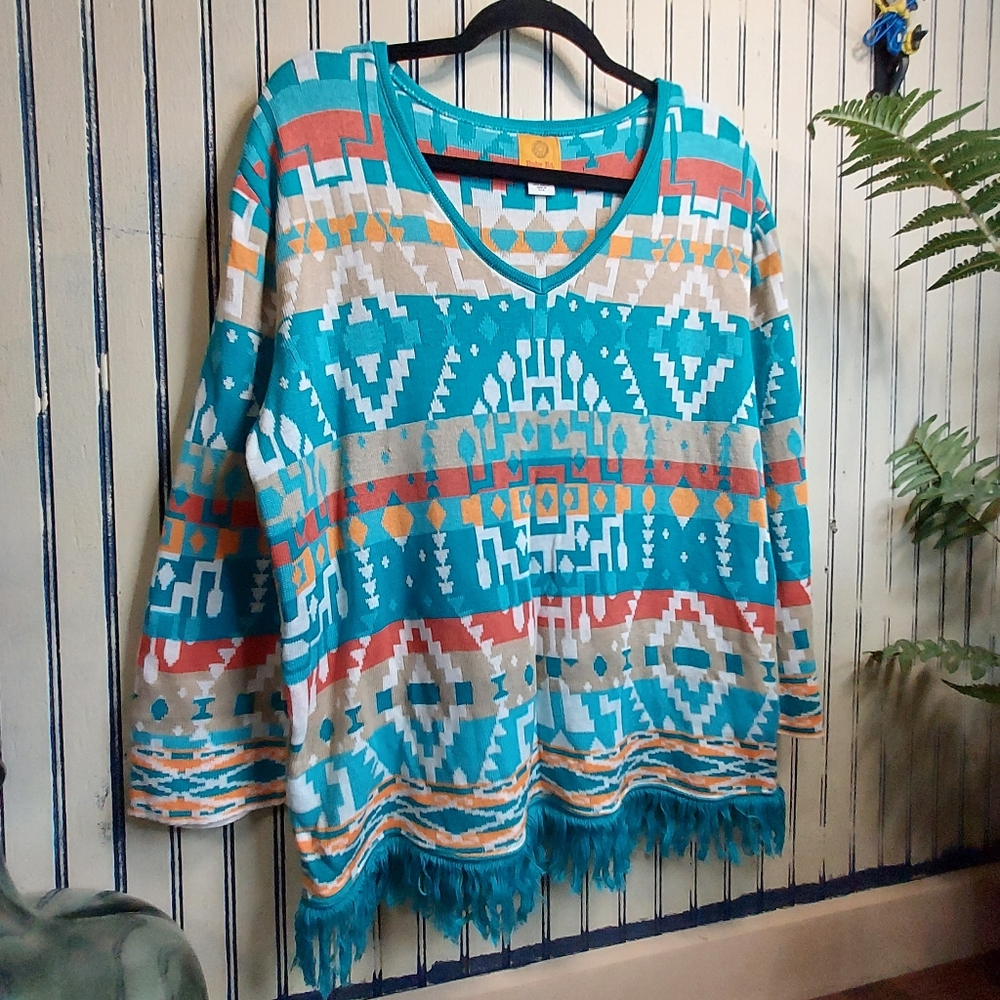 Ruby Rd. Boho Tribal Fringed Sweater